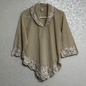 VTG Flair Embroidered Floral Lace Pointed Hem Tunic Top 3/4 Sleeve Boho V-Neck M